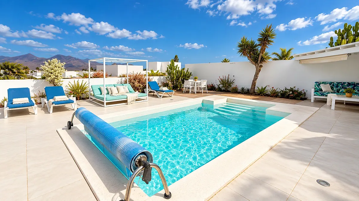 Private pool and terrace in full daylight, with sun loungers and mountains in the distance