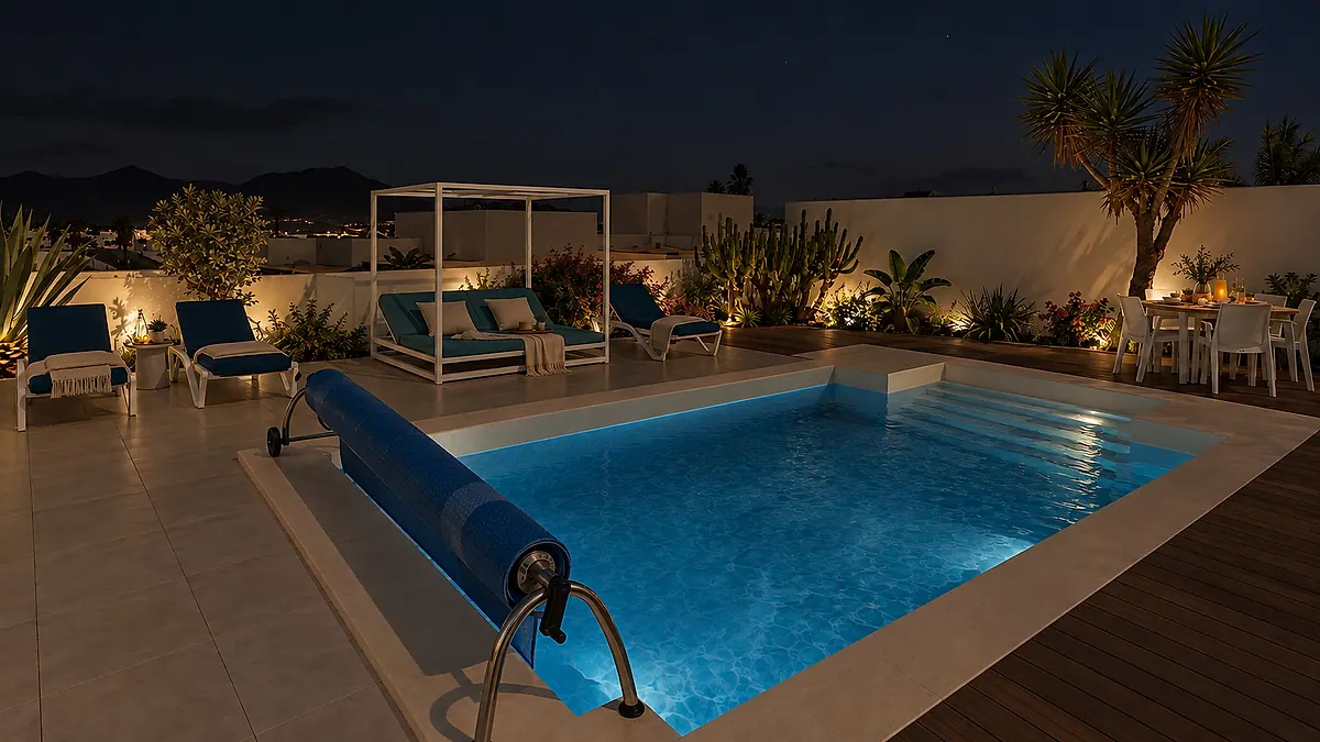 The pool and terrace at dusk, with warm light among the plants