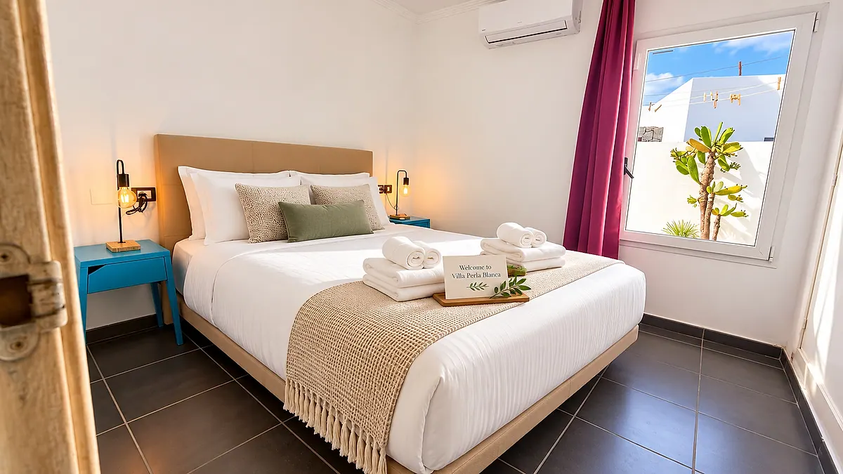 Sand-toned bedroom with a double bed and blue bedside tables