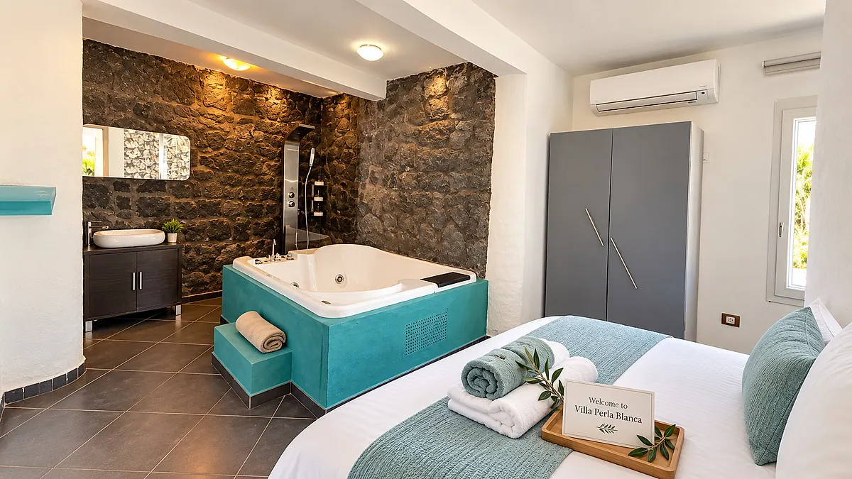 Volcanic stone bedroom with hydromassage bathtub, double bed and grey wardrobe